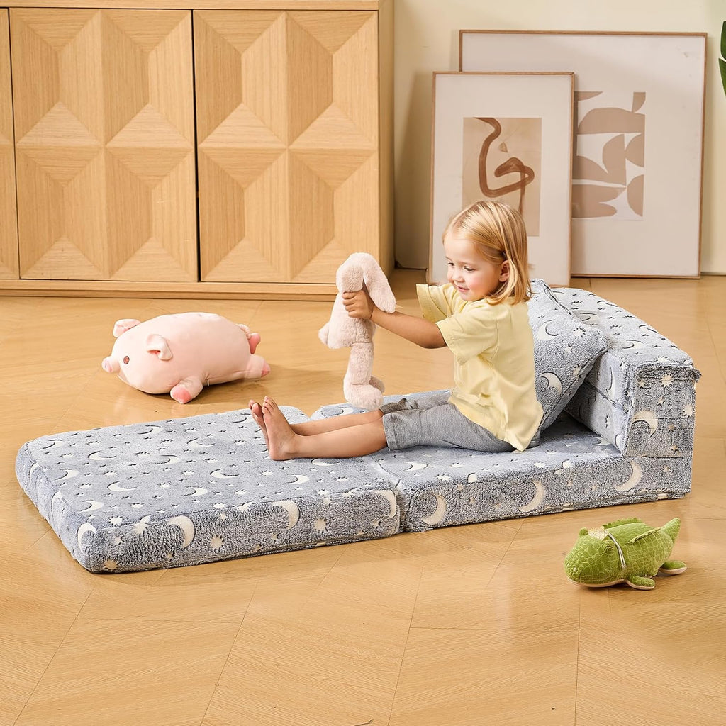 VEVOR 3-in-1 Kids Sofa, Foldable Toddler Soft Couch, Glow in The Dark Kids Couch Fold Out with 28D Sponge & Flannel Fabric, Convertible Toddler Chair to Lounger for Reading, Playing, Gaming, M, Gray