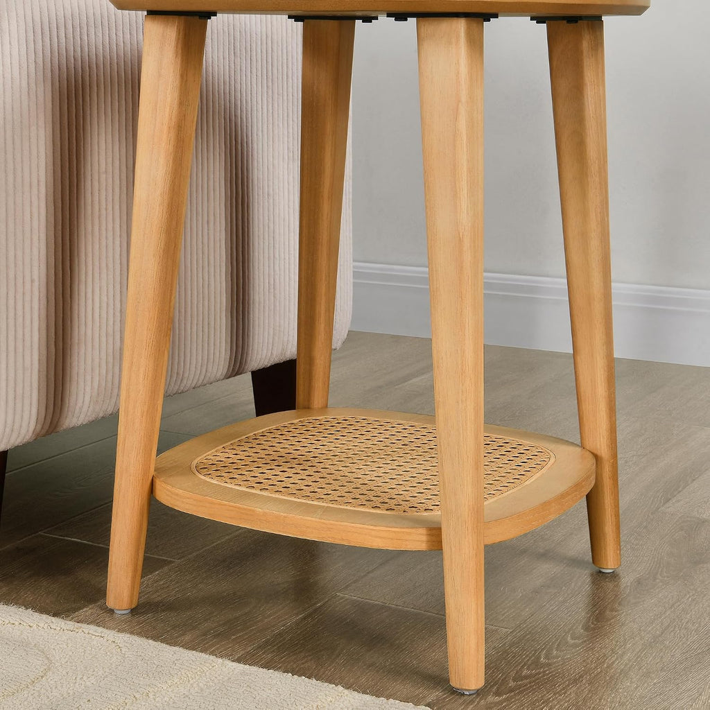 Boho End Table with Rattan Storage Shelf ,Square Sofa Beside Tables with Rounded Corners, Small Telephone Table- for Living Room, Vintage-Inspired Accent Corner Table, Natural Oak CJZ-D0635-OA