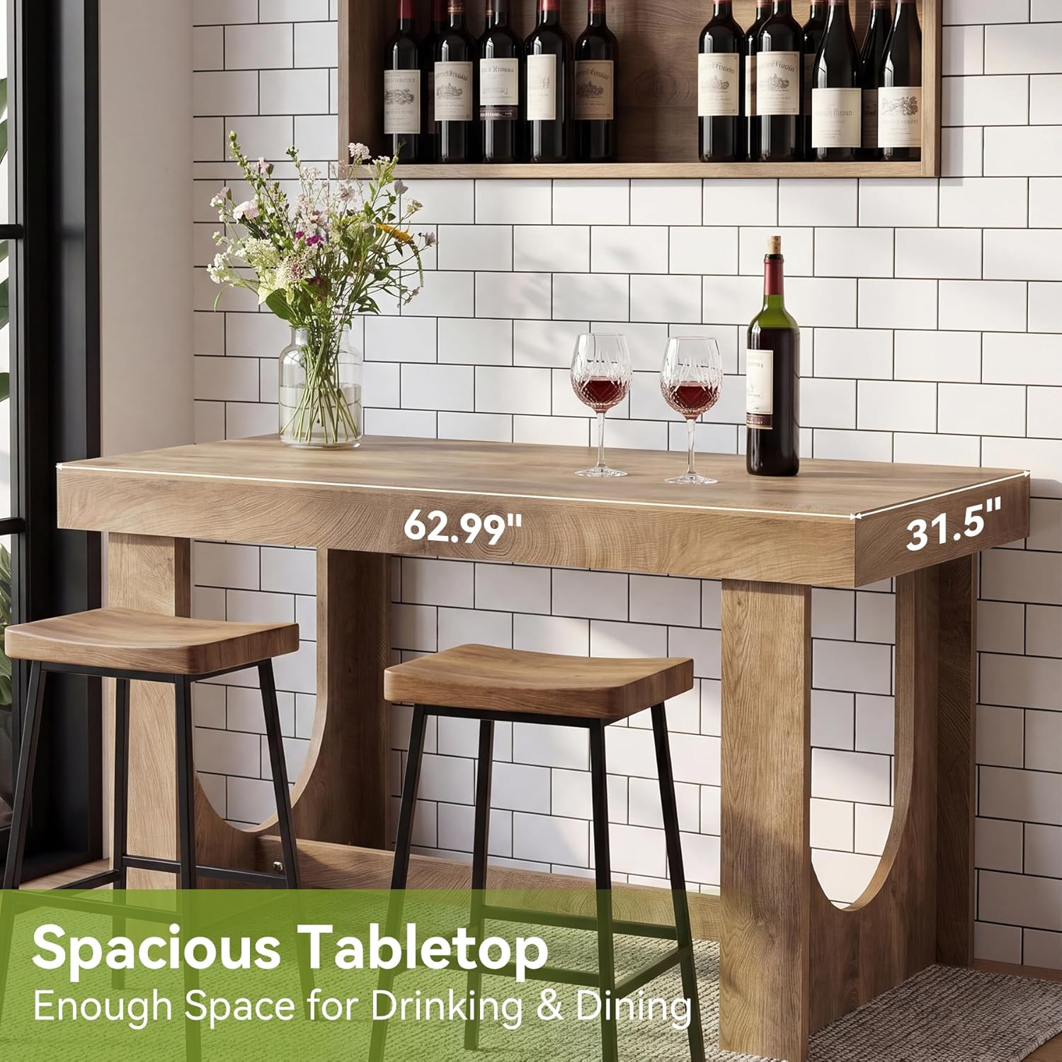 LITTLE TREE 63" Bar Table, Large Wood Home Bar Unit, Rectangular Dining Pub Table with Footrest for Home Kitchen, Dining Room, Living Room, Bistro, Brown