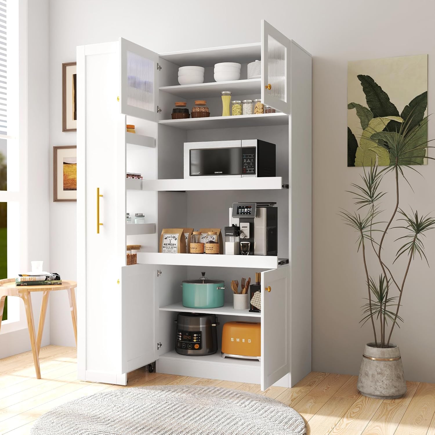 White Kitchen Pantry Cabinet, Farmhouse 4 Door Dining Room Storage Cupboard | Vertical sliding rack, reed fluted doors, 2 open countertops, coffee bar hutch, utility organizer, space saving