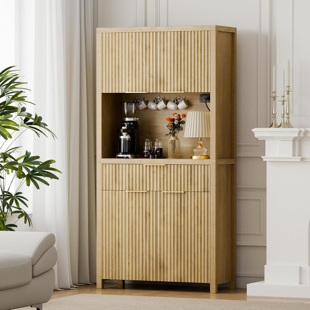 Lulive 71" Fluted Pantry Cabinet with Charging Station & Adjustable Shelves, Spacious Kitchen Storage Cabinet with Open Countertop & Drawer for Dining Room, Living Room, Natrual