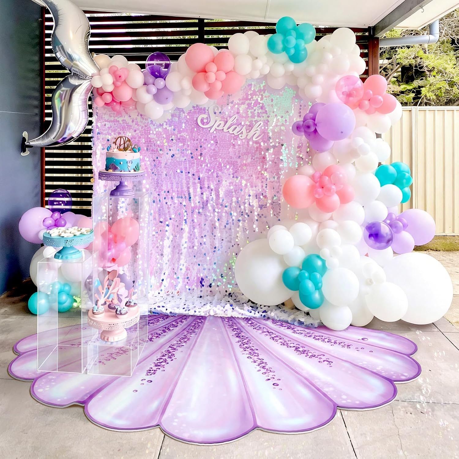 Mermaid Party Decoration 59 x 79 Inch Large Seashell Rug Under the Sea Decor Purple Pink Mermaids Floor Mat Decorative Area Rug for Mermaid Birthday Ocean Theme Photo Prop Backdrop Beach Wedding Party