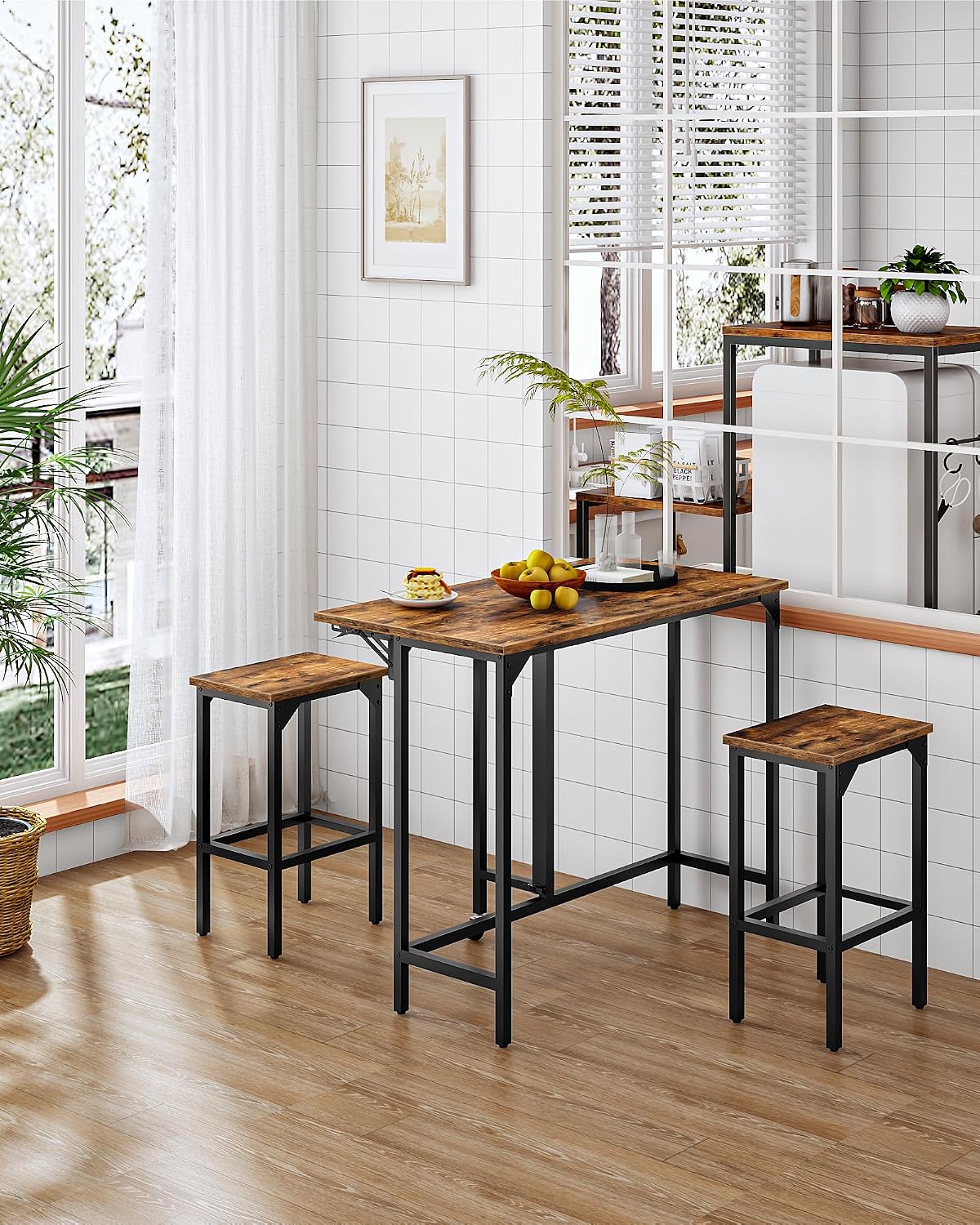 CHOEZON Bar Table and Stool Set, 39.4'' Folding Dining Table with 2 Stools, Industrial Style, for Restaurant, Living Room, Pub, Rustic Brown and Black TBT02BF
