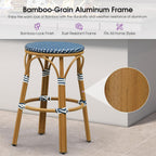 PURPLE LEAF Outdoor French Round 30" Bar Stool Set of 2 Oversized Backless Stackable Bar Chairs with Rattan Wicker Bamboo Print Aluminum Frame for Patio Island Poolside Bistro Deep Blue
