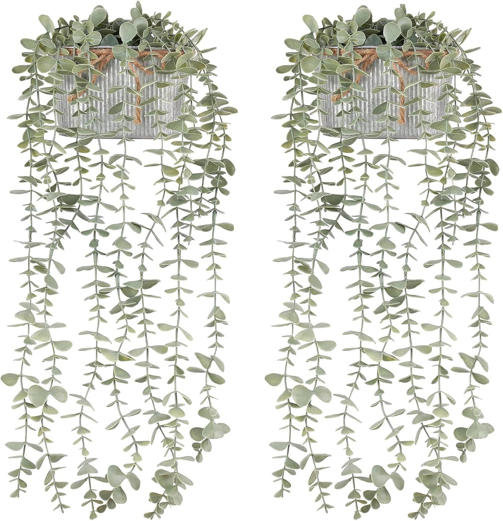 Mkono Fake Hanging Plants in Farmhouse Galvanized Pots Rustic Faux Potted Eucalyptus Greenery Indoor Artificial Plants for Book Shelf Mantel Living Room Bathroom Bedroom Home Office Decor (2, Grey)