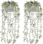 Mkono Fake Hanging Plants in Farmhouse Galvanized Pots Rustic Faux Potted Eucalyptus Greenery Indoor Artificial Plants for Book Shelf Mantel Living Room Bathroom Bedroom Home Office Decor (2, Grey)