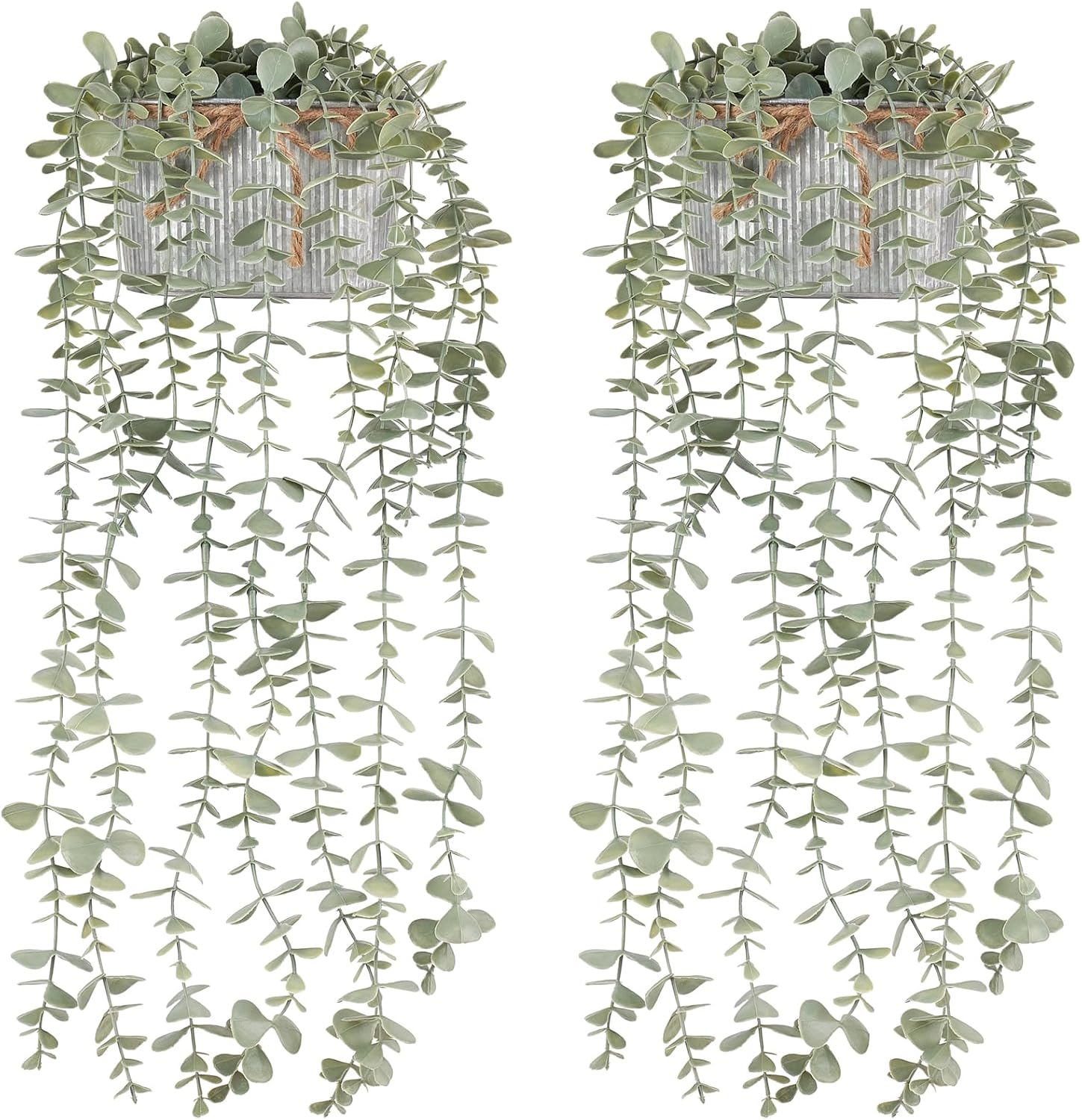 Mkono Fake Hanging Plants in Farmhouse Galvanized Pots Rustic Faux Potted Eucalyptus Greenery Indoor Artificial Plants for Book Shelf Mantel Living Room Bathroom Bedroom Home Office Decor (2, Grey)