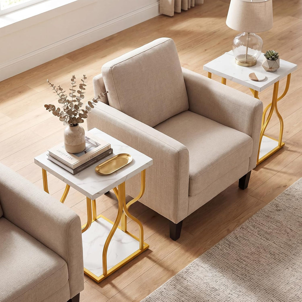 Giantex 2-Tier End Table, Faux Marble Bedside Night Stand with Storage Shelf & Gold Petal-Inspired Geometric Metal Frame, Modern Couch Sofa Side Table for Living Room Bedroom Small Spaces (1)