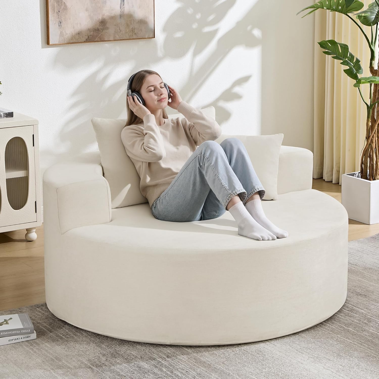 55in Round Chaise Longue Chair Indoor Modern Oversize Upholstered Deep Seat Circle Single Cloud Lounge Floor Sofa Bed with Pillow for Living Room Bedroom Apartment (Beige)