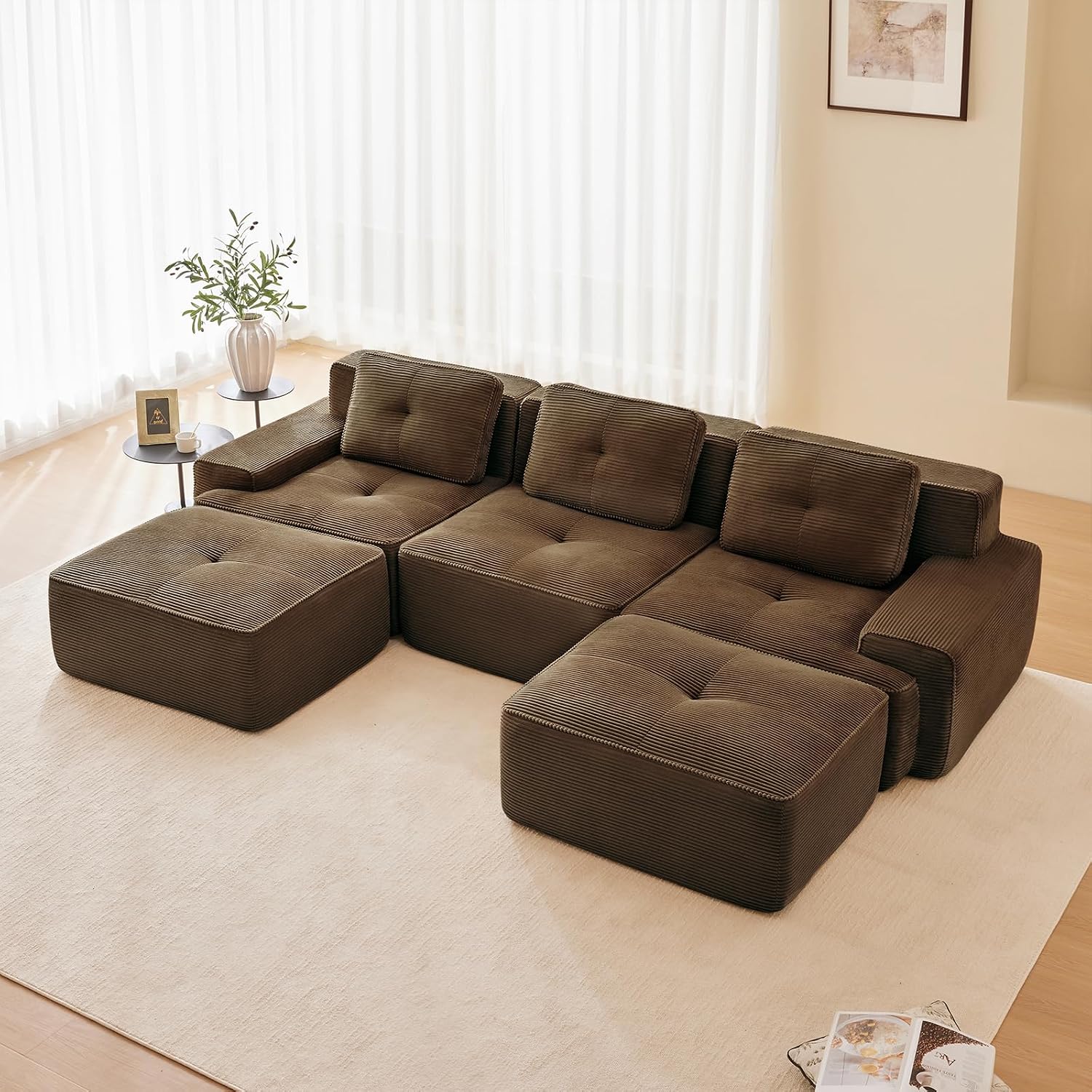 Brown Ottoman for Modular Sectional Sofa, Corduroy Deep Seat for Oversized Compressed Boneless Sectional Couches for Living Room Bedroom Apartment, Cloud Sofa Couch, Memory Foam, No Assembly