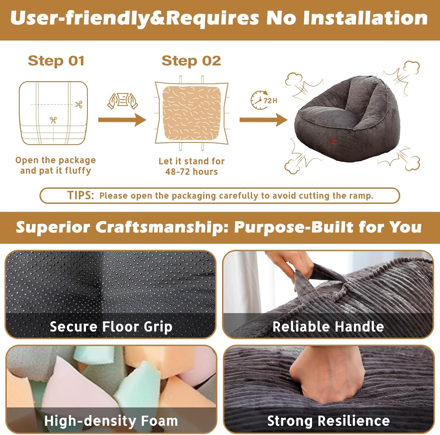 Bean Bag Chair, Cozy Fluffy Beanbag Chairs with Filler for Teens and Kids, Floor Lazy Sofa for Living Room Gaming & Reading (S-Darkgrey)