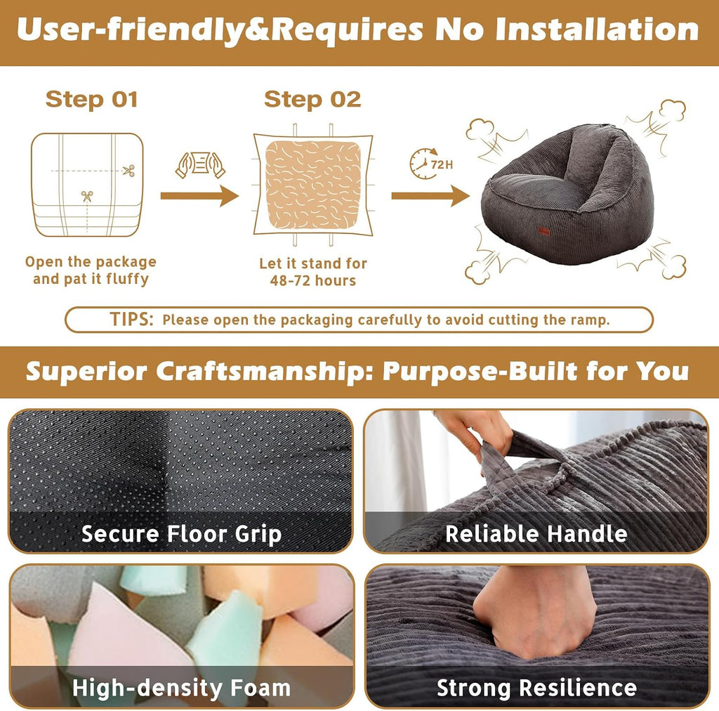 Giant Bean Bag Chair for Adults, Teens and Kids, Cozy Fluffy Corduroy Beanbag Chair with Filler, Large Floor Lounge Sofa for Living Room, Bedroom, Dorm, Gaming and Reading(L-Darkgrey)