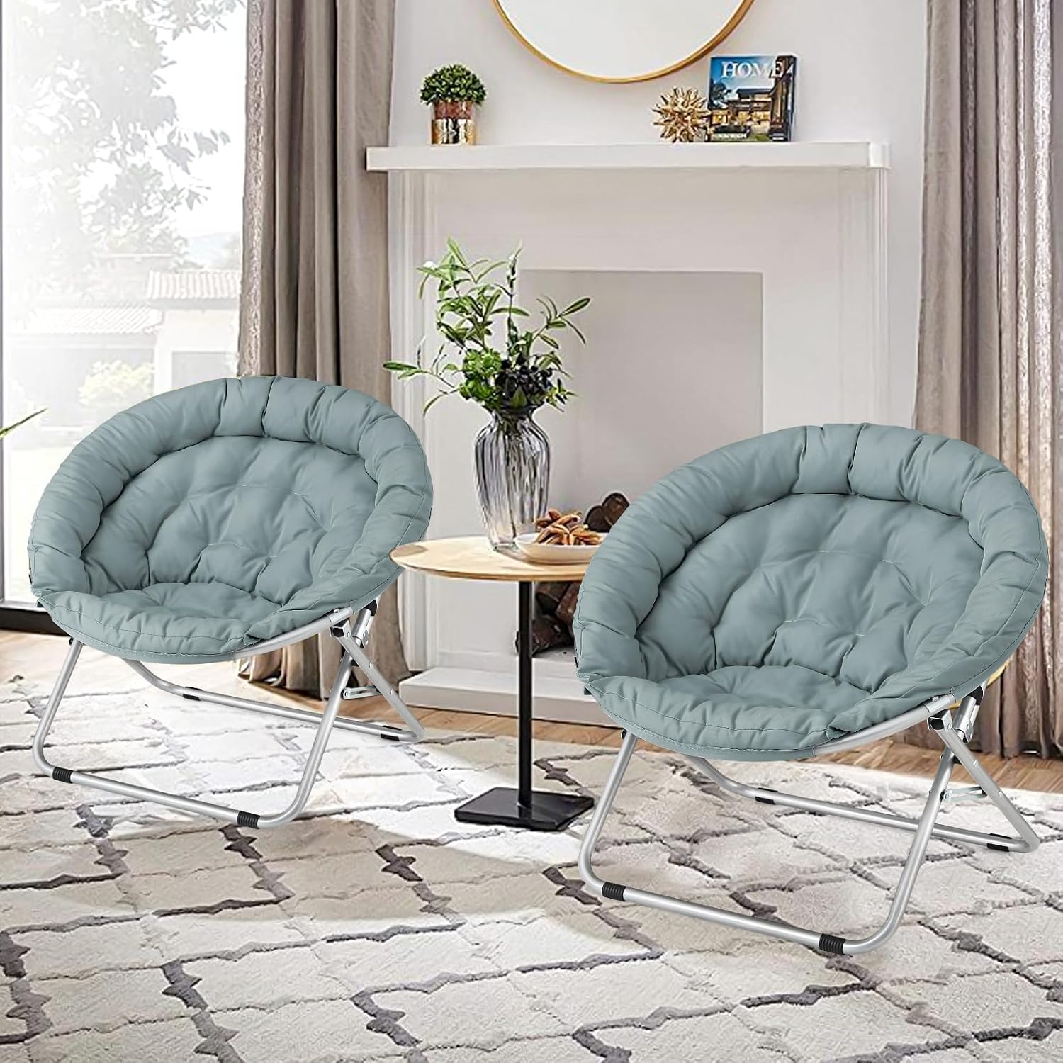 Athena Collection Comfy Saucer Chair, Folding Oversized Cozy Chair for Bedroom Living Room Fabric Reading Chair, Foldable Metal Frame Round Moon Chair for Adult Set of 2, Teal