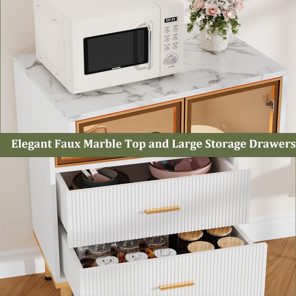 Garvee Fluted Pantry Cabinet with Glass Door and 2 Drawers, Kitchen Pantry Storage Cabinet with Adjustable Shelves, Modern Display Sideboard for Kitchen, Dining Room, Living Room, White