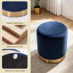 LSSBOUGHT Round Velvet Ottoman, 16" H Footrest Stool with Gold Metal Base, Modern Upholstered Vanity Stool for Living Room, Bedroom, Entryway (Blue, Set of 1)