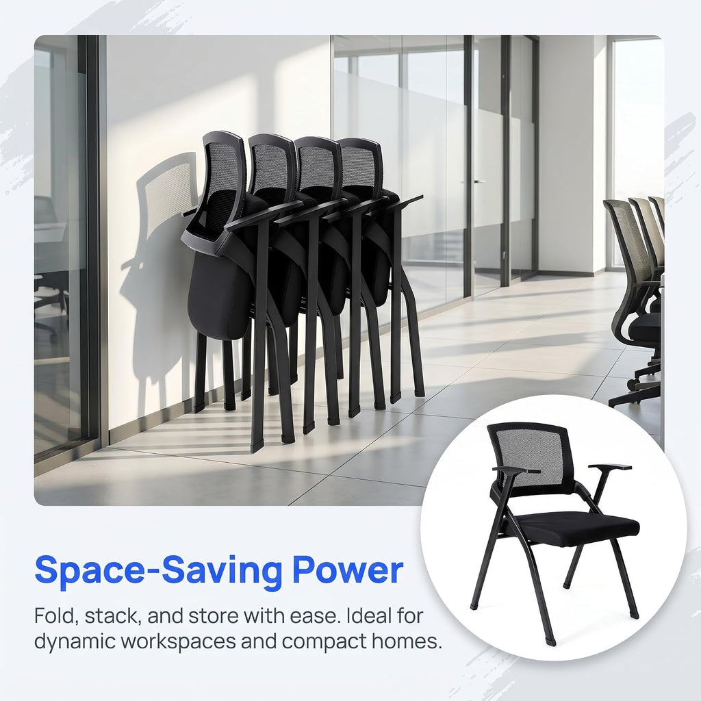 Heavy Duty Folding Conference Chair with Arms - Breathable Mesh Back, Comfortable Padded Seat, Sturdy Steel Frame for Office, Meeting Room & Training Seminar,Classroom (2, Black)