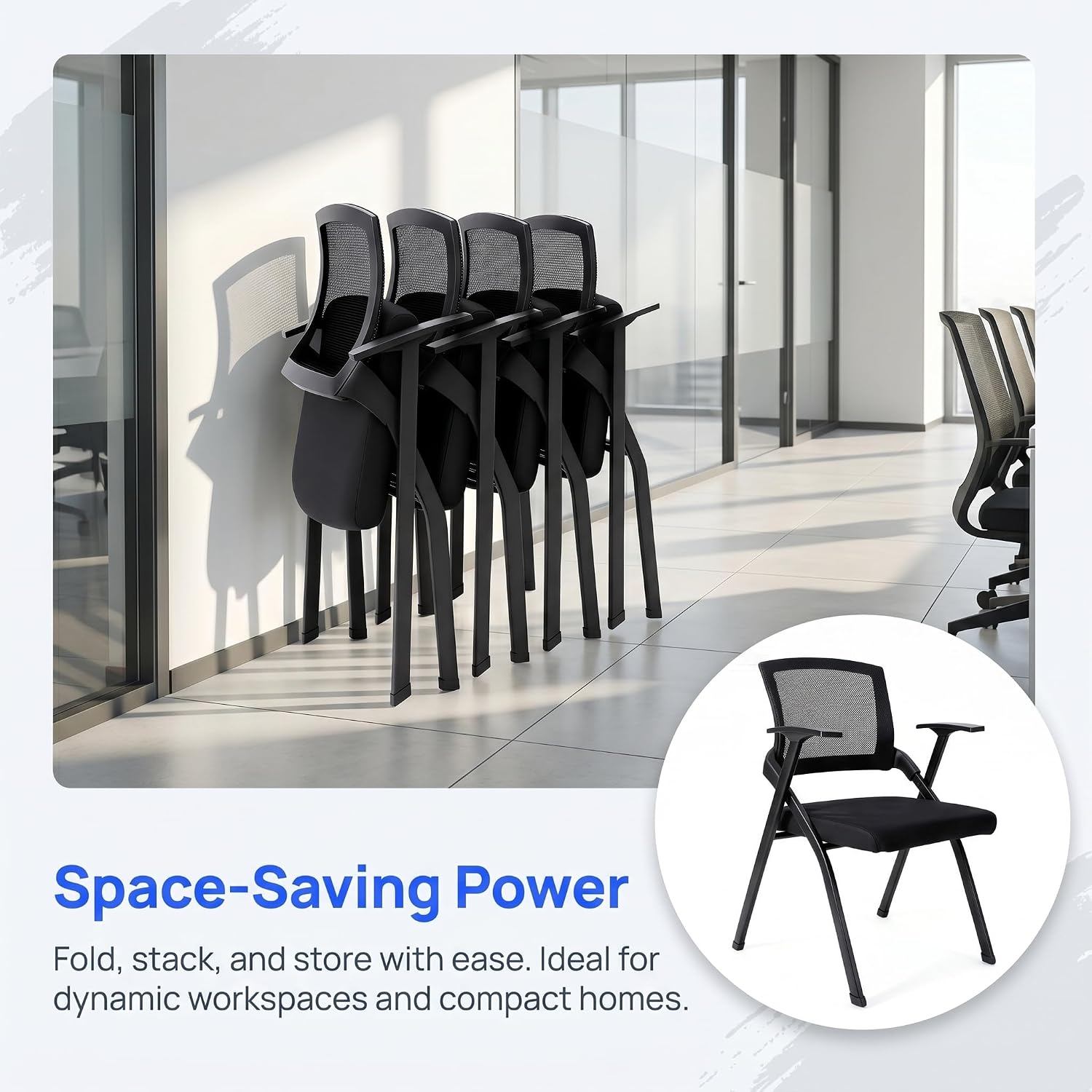 Heavy Duty Folding Conference Chair with Arms - Breathable Mesh Back, Comfortable Padded Seat, Sturdy Steel Frame for Office, Meeting Room & Training Seminar,Classroom (2, Black)