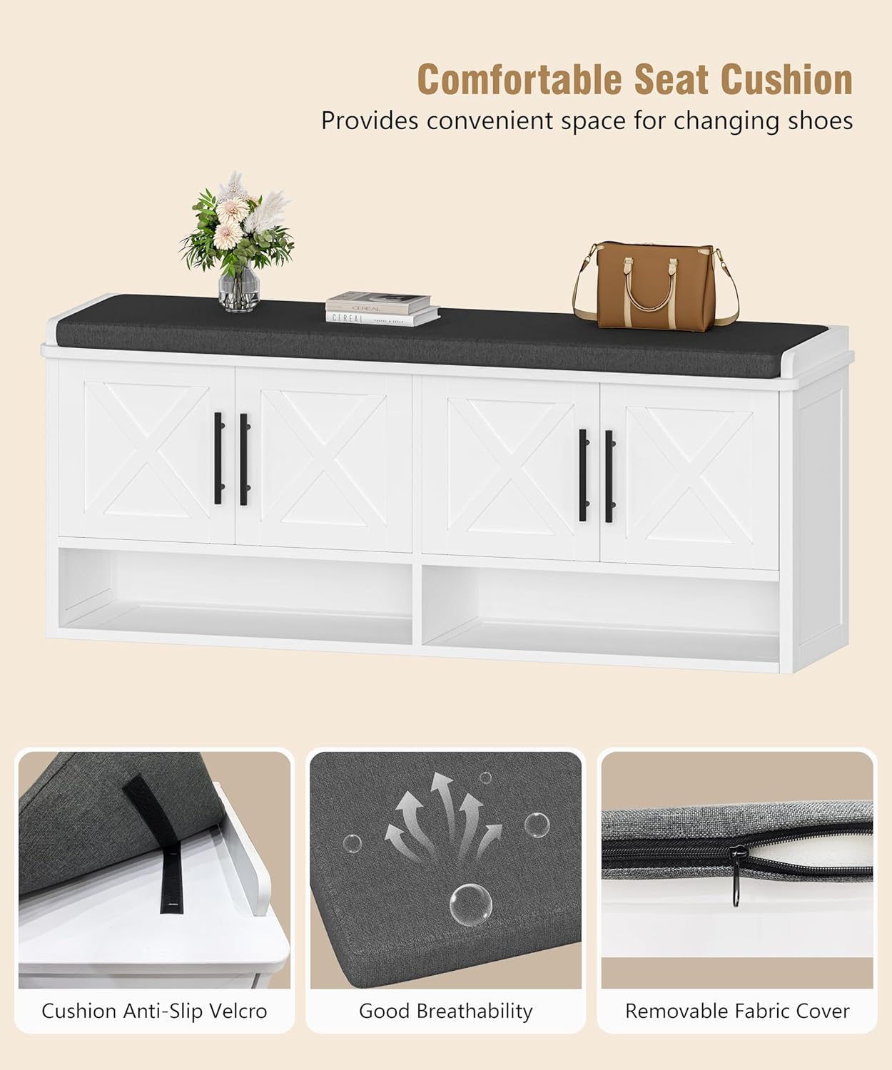 Farmhouse Shoe Storage Bench with Cushion, 47.2" Wide Entryway Bench with Adjustable Shelves and Open Bottom Shelf, Hidden Shoe Cabinet Storage for Entryway, Hallway, Bedroom White