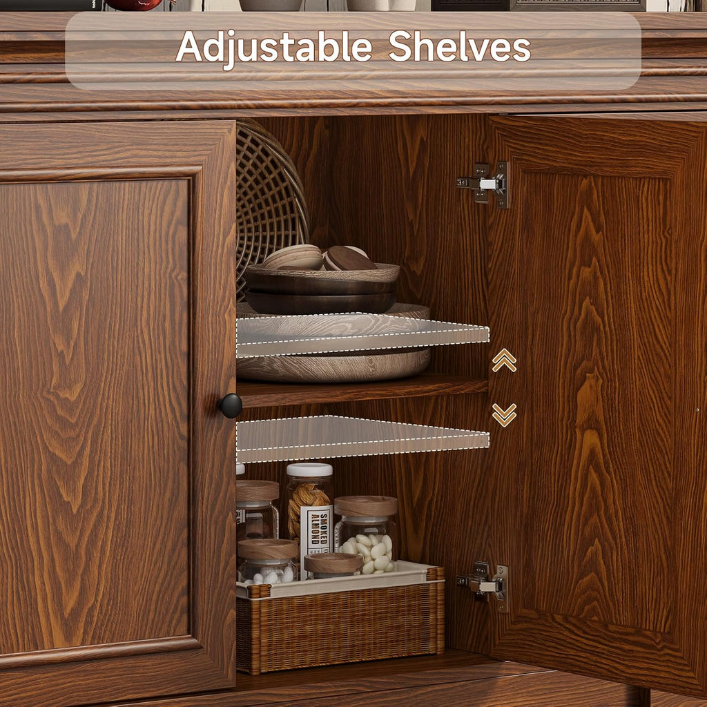Sideboard Buffet Cabinet with Storage, 63" Large Credenza Kitchen Storage Cabinets with Drawer and Door, Wood Coffee Bar Table with Adjustable Shelf for Living Room, Kitchen, American Retro, Brown