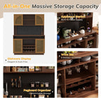 70.9" Tall Kitchen Pantry Cabinet with Outlet & LED Lights, 54.3" Wide Kitchen Storage Cabinet with Wine Rack, Farmhouse Coffee Bar Station with Pegboard, Buffet Sideboard (Brown)