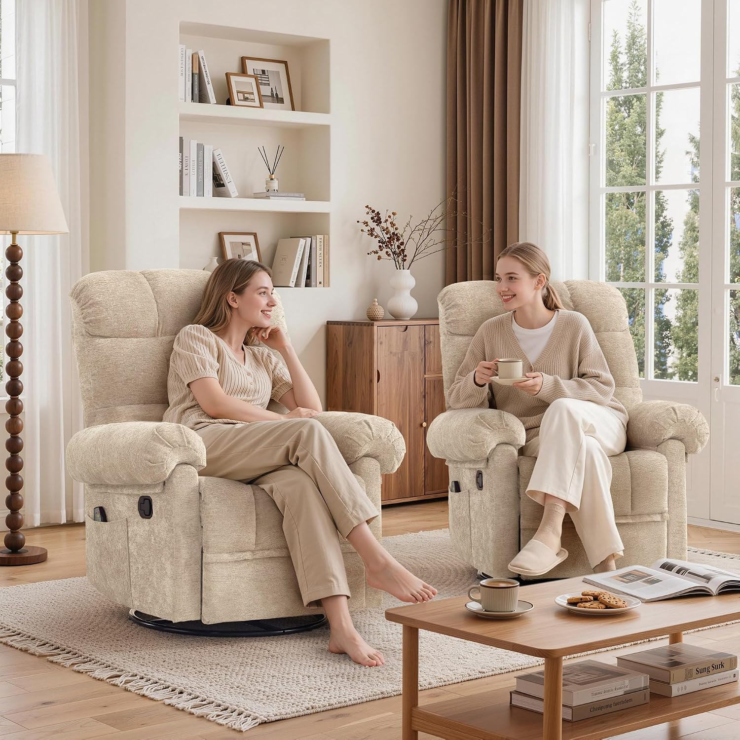 Korser 360° Swivel Rocker Recliner Chair, Rocking Chair Nursery with Massage and Heat, Small Recliners for Small Space, Manual Recliner Chair with Cozy Chenille Fabric, Side Pockets for Living Room