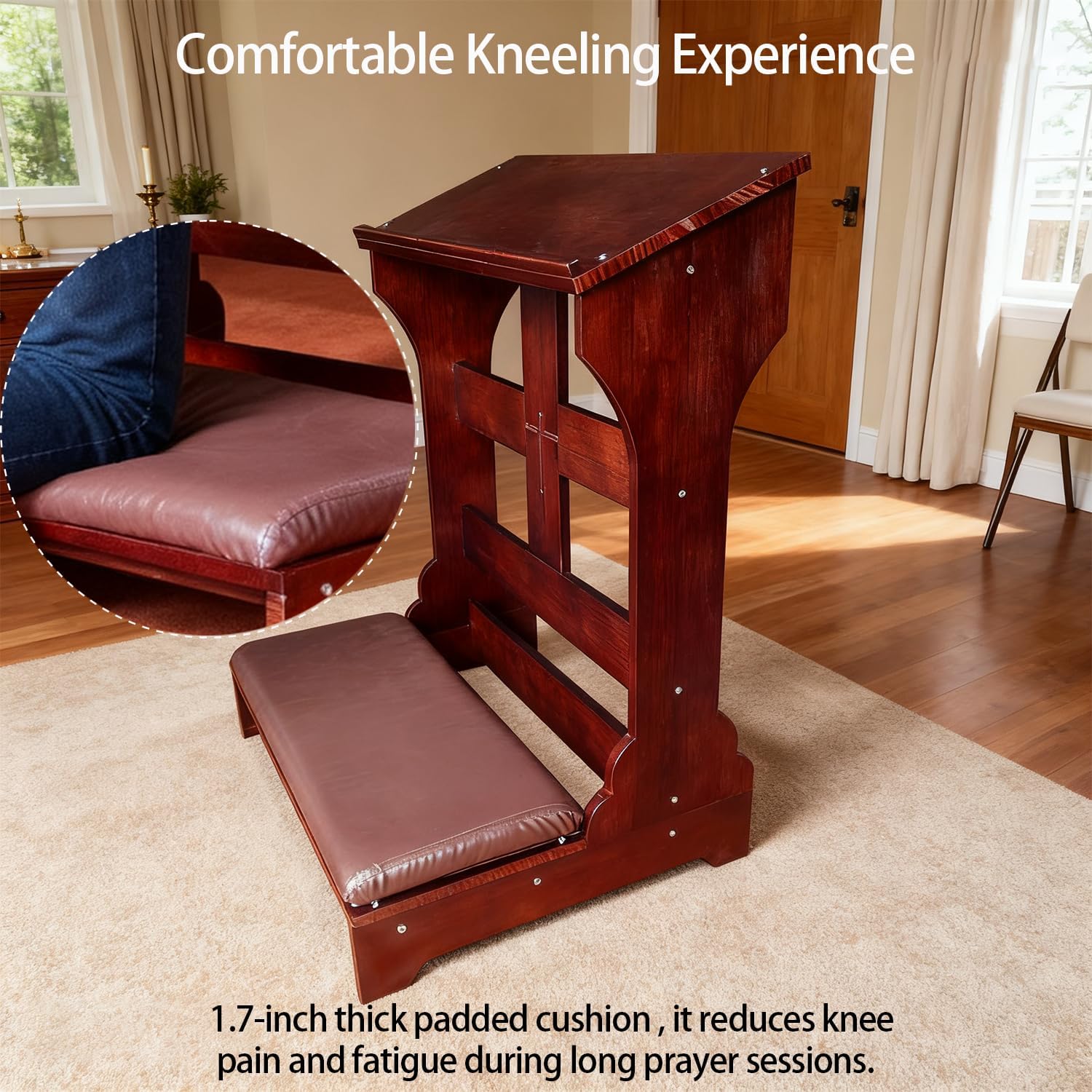 Wood Prayer Bench with Cushion – Kneeler for Home and Church, Padded Kneeling Stool with Slanted Shelf for Bible, 23" x 20" x 32.8"