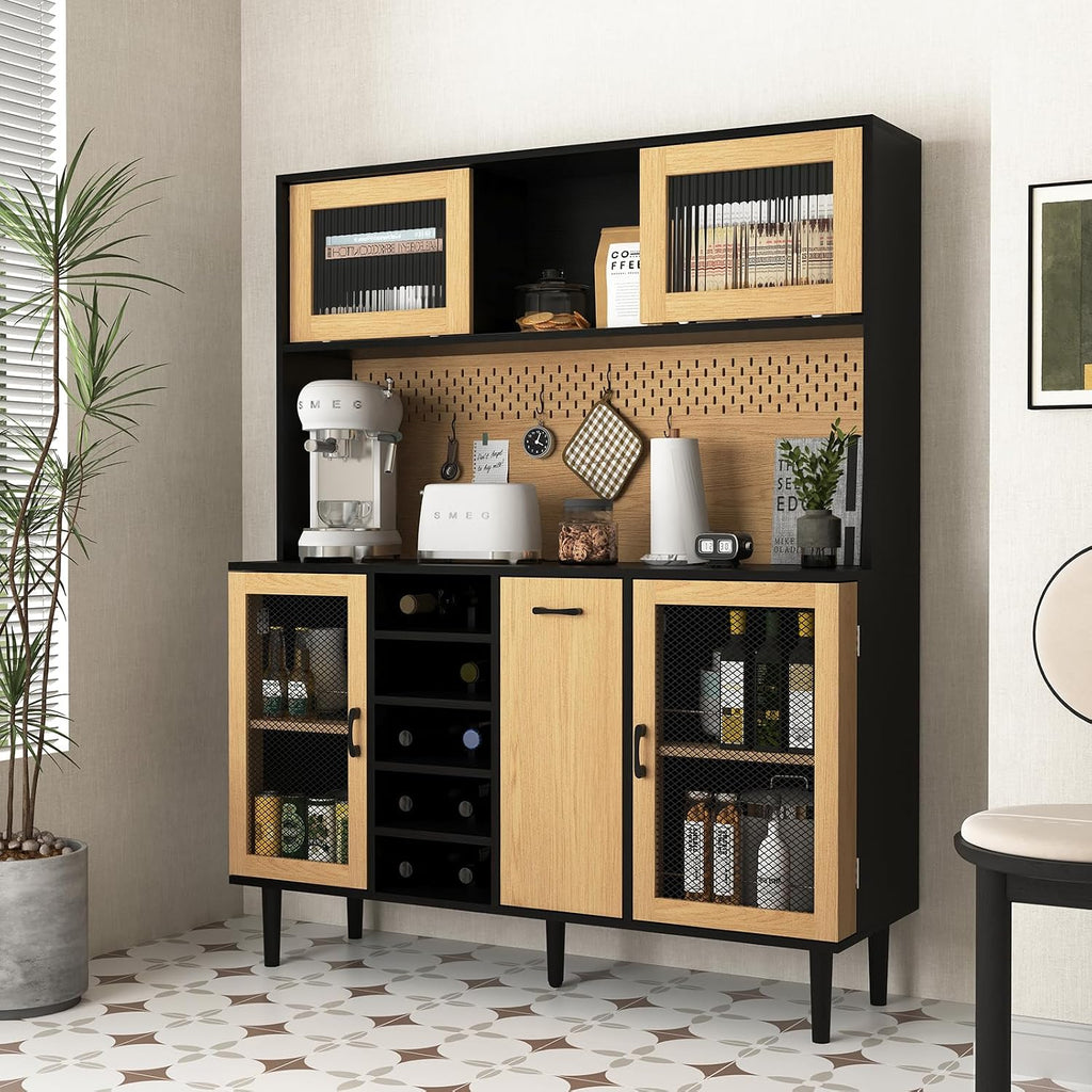 59" Freestanding Kitchen Sideboard, Buffet Sideboard with Wine Rack, Storage Doors and Electrical Outlets for Kitchen, Dining and Living Room, Black