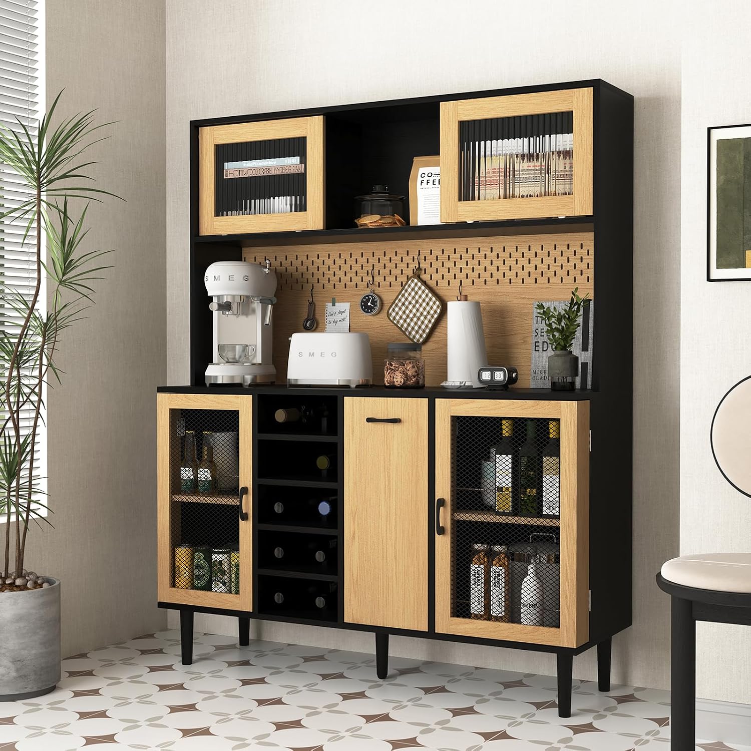 59" Freestanding Kitchen Sideboard, Buffet Sideboard with Wine Rack, Storage Doors and Electrical Outlets for Kitchen, Dining and Living Room, Black