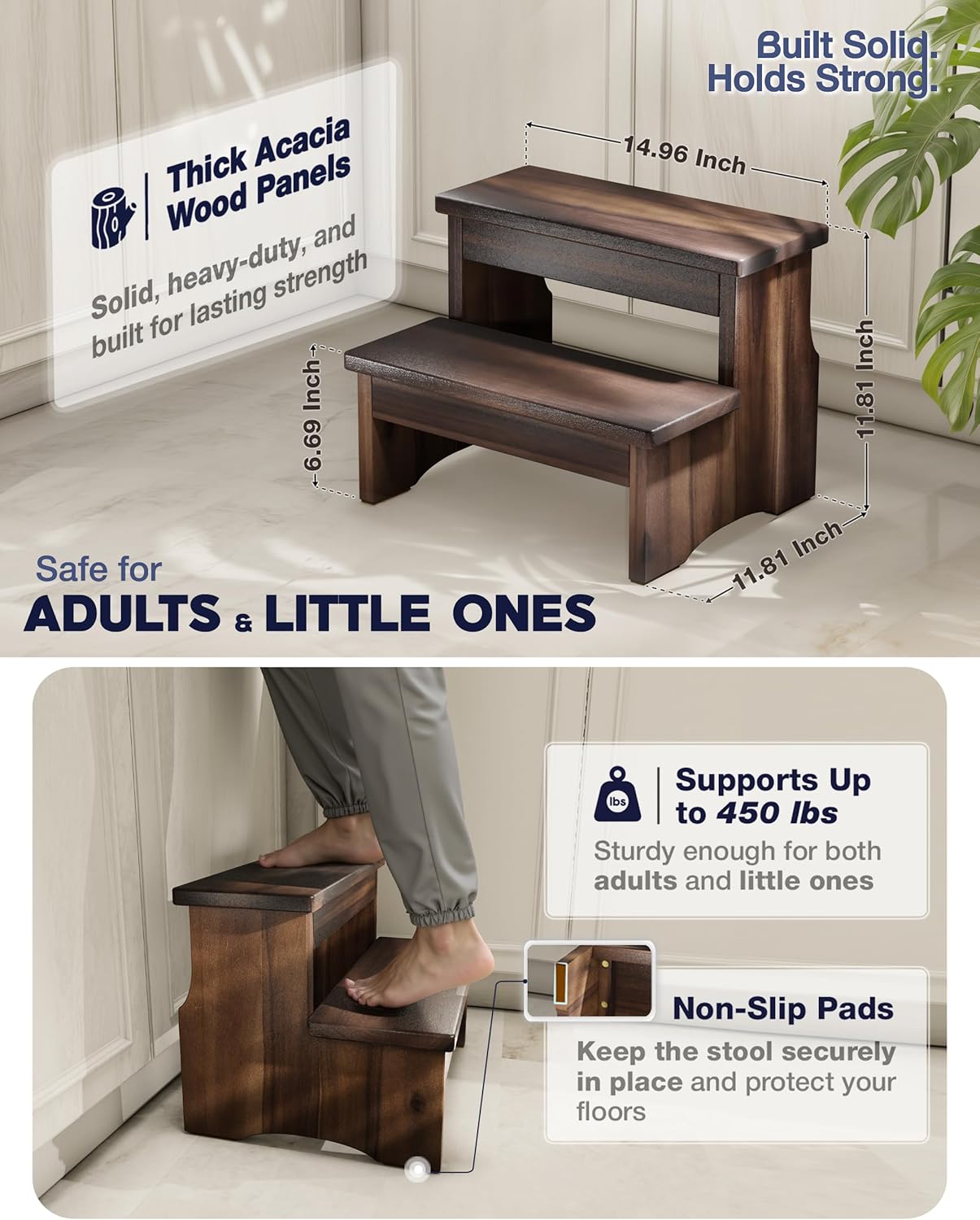 FANATU Wooden Two Step Stool, Heavy Duty 2-Step Ladder for Adults & Kids, Supports up to 450lbs for Kitchen, Bathroom or Bedside Use (Walnut Finish)