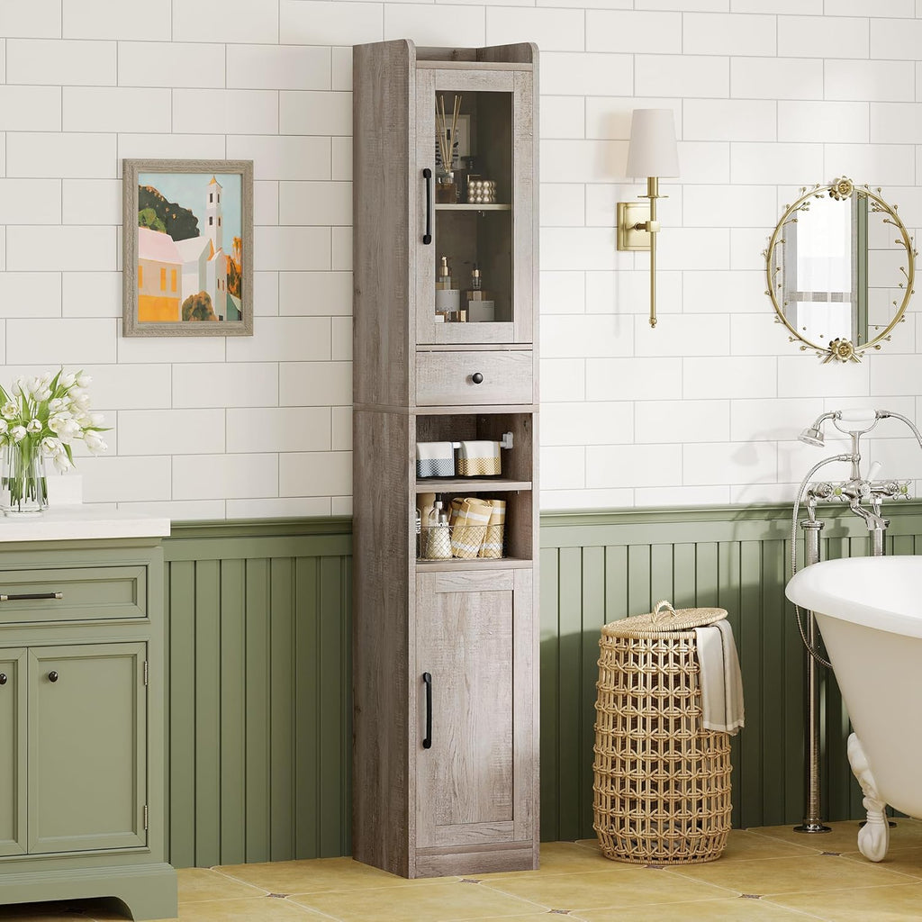 IRONCK Tall Bathroom Cabinet with Drawer and Door, 71" H Slim Freestanding Narrow Storage Cabinet with Adjustable Shelves, Retractable Toilet Paper Rod, for Small Spaces, 11.8" W Rustic Maple
