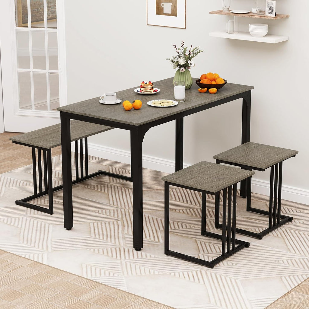 Giantex 4-Piece Dining Table Set for 4, Modern Kitchen Table and Chairs, Nesting Furniture Set with Bench & 2 Stools, Space-Saving Desk Set, Dinette Set for Small Place, Dining Room Restaurant (Grey)