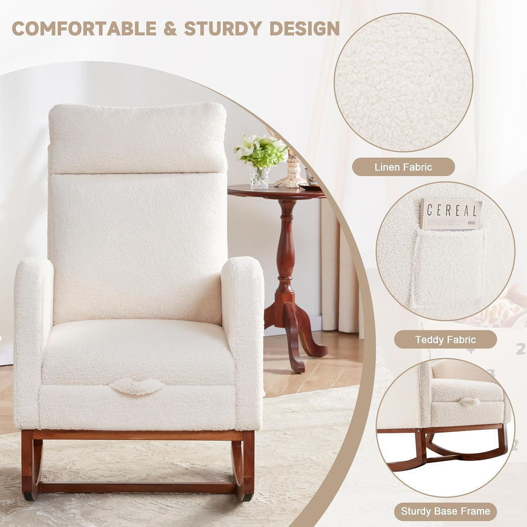 Rocking Chair Nursery Teddy High Back Rest Glider Rocker with Footrest Nursing Rocking Chairs Upholstered Accent Arm Chair for Living Room Bedroom Indoor, Teddy White