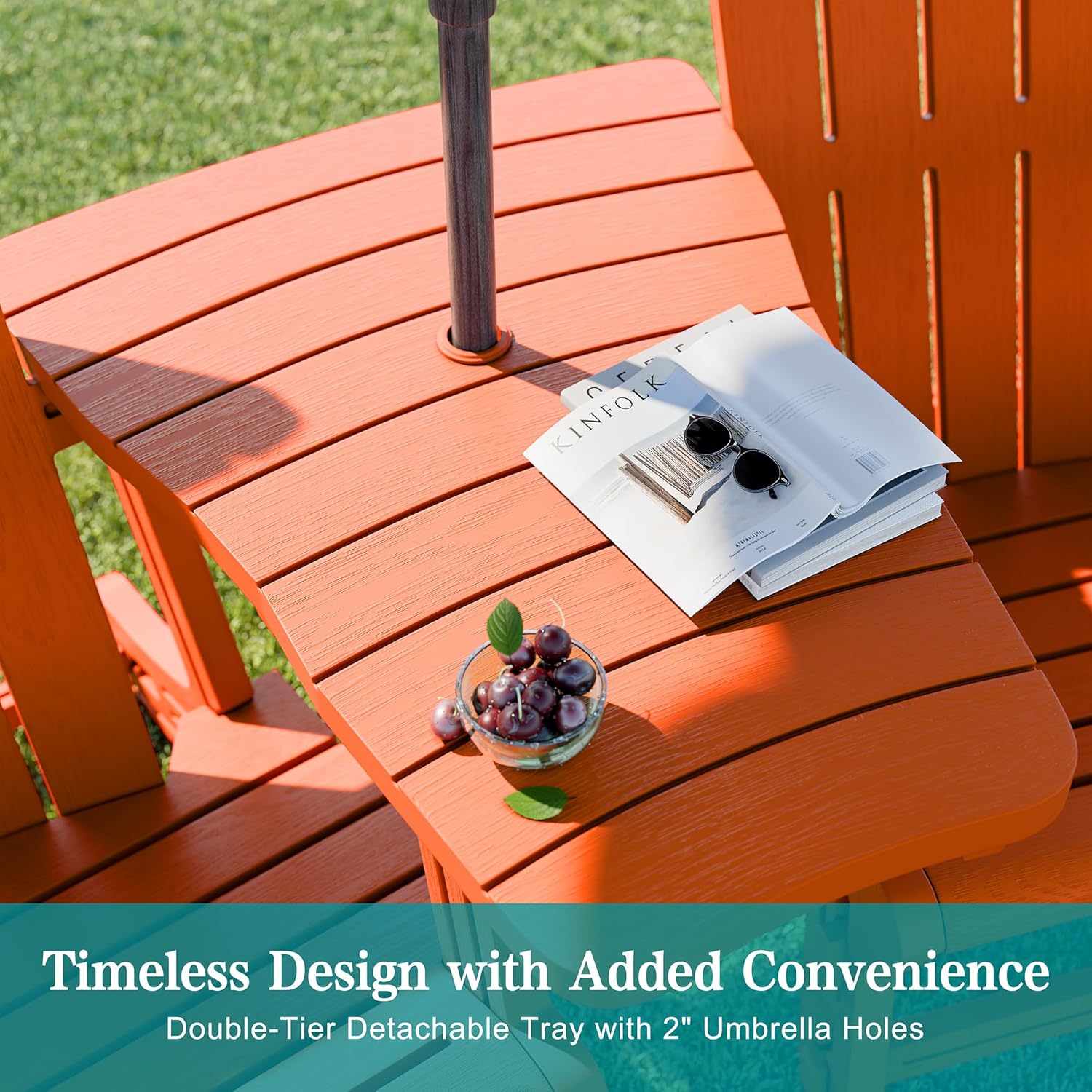 JY QAQA Outdoor Adirondack Chair Set of 2, All-Weather HDPE Patio Furniture with Detachable Table, Wood Texture & Cup Holder for Patio, Poolside, Garden, Orange