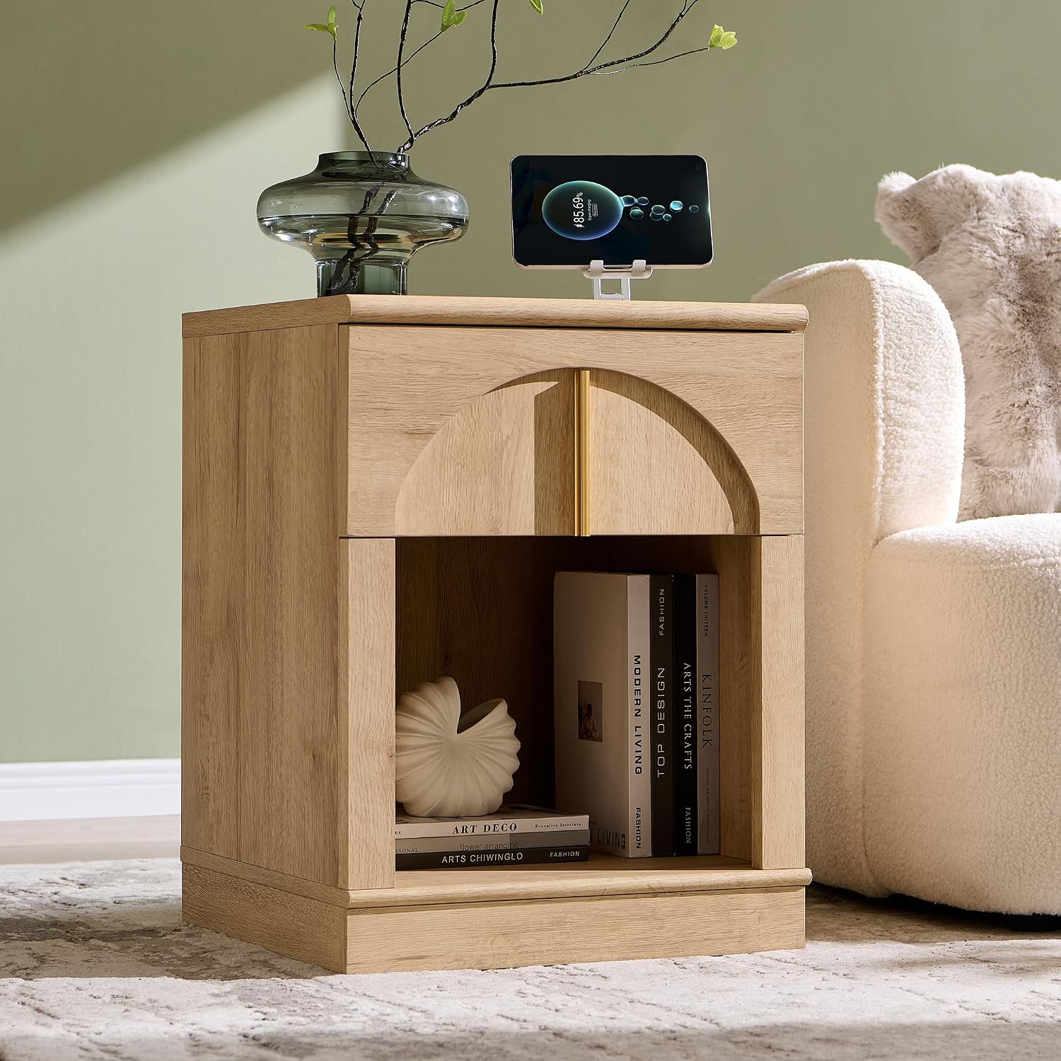 ACCOHOHO 18" Nightstand Set of 2 with Arched Panel,Natural Oak | Bedside Table & Side End Table with Charging Station, Drawer Storage, and Open Shelf for Bedroom & Living Room