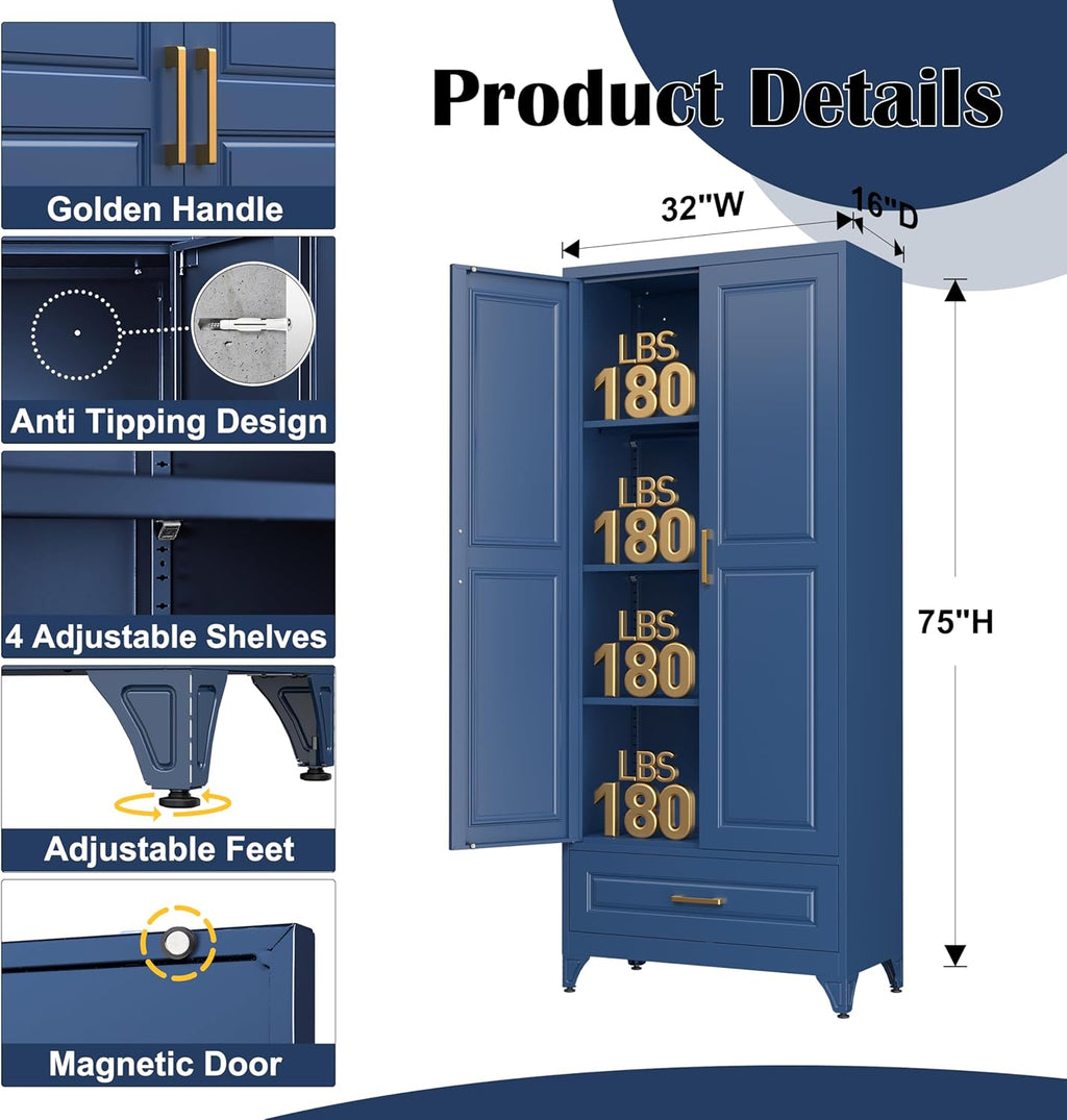 SteeLoong 75" Kitchen Pantry Cabinet with Drawer, Metal Storage Cabinets with Doors and 4 Adjustable Shelves,Blue Kitchen Cabinet with 2 Gold Handles,Food Cupboard for Livingroom,Pantry, Bathroom