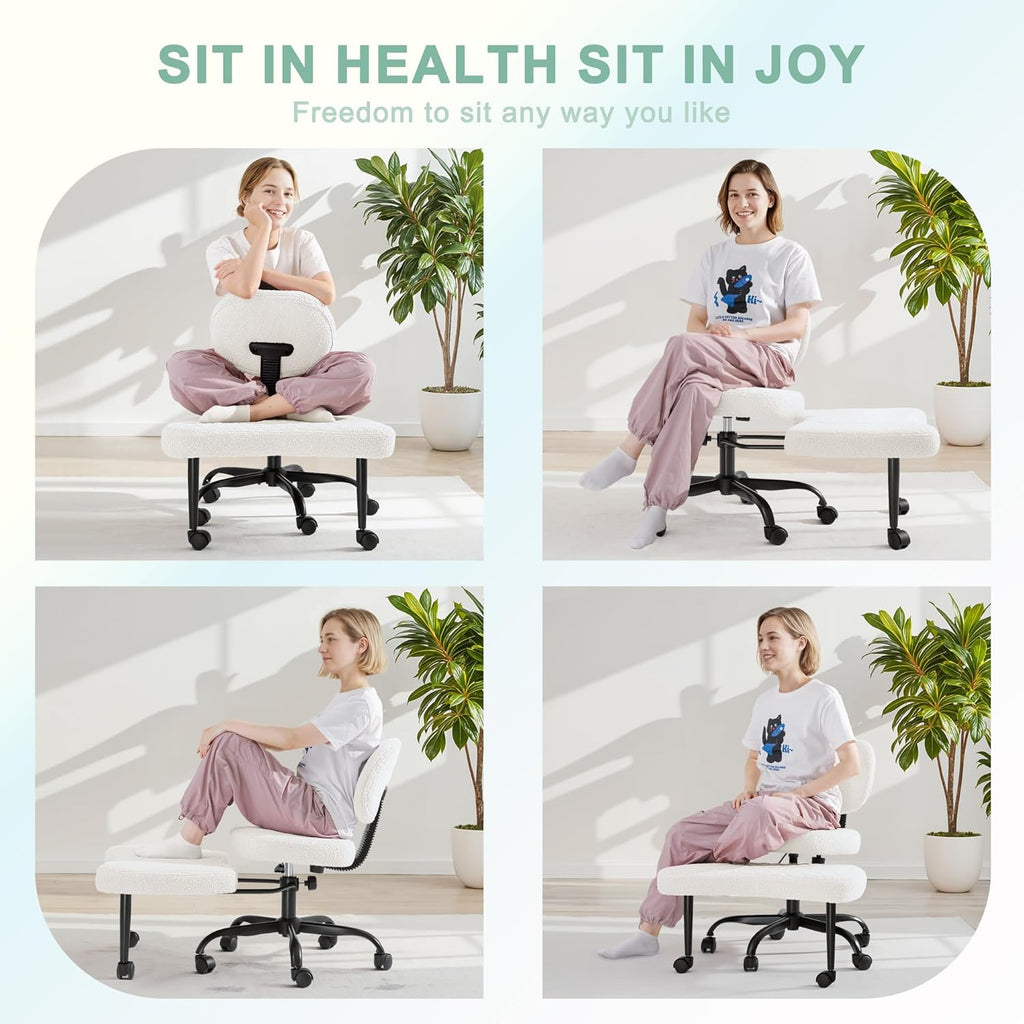 GUNJI Ergonomic Criss Cross Legged Office Chair, 360° Swivel Meditation Kneeling Chair with Wheels, ADHD Chair with Footrest, Lumbar Support, Wider Height Adjustable Seat (White, Teddy Fleece)
