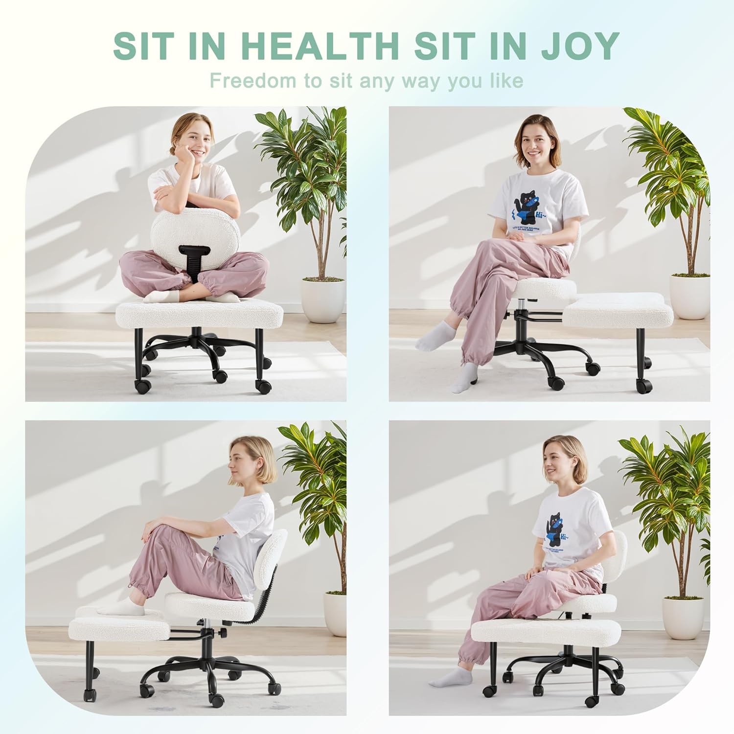 GUNJI Ergonomic Criss Cross Legged Office Chair, 360° Swivel Meditation Kneeling Chair with Wheels, ADHD Chair with Footrest, Lumbar Support, Wider Height Adjustable Seat (White, Teddy Fleece)