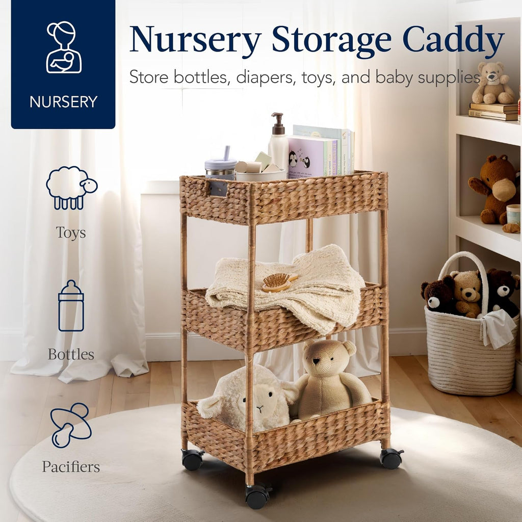 Best Choice Products 3-Tier Water Hyacinth Rolling Nursery Caddy w/Wheels, Utility Cart, Storage Organization for Bathroom, Craft Room, Laundry Room - Chestnut