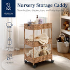 Best Choice Products 3-Tier Water Hyacinth Rolling Nursery Caddy w/Wheels, Utility Cart, Storage Organization for Bathroom, Craft Room, Laundry Room - Chestnut
