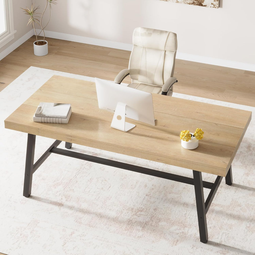 71”Industrial Multi-Functional Table, Large Wood Top with Sturdy Steel Frame, Seats 6-8 As Dining Table or Long Writing Desk, Spacious Office Desk for Home, Kitchen, Family Gatherings