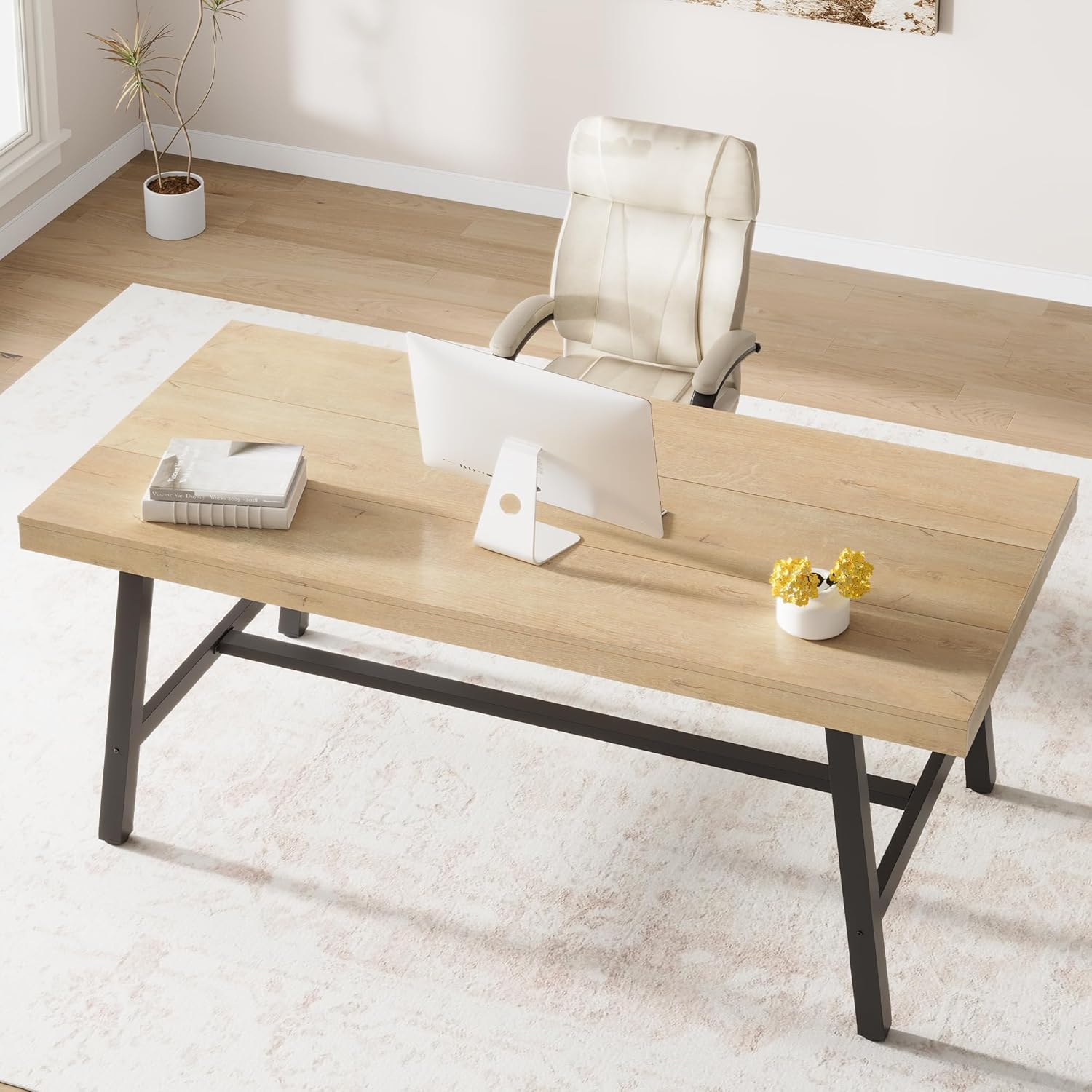 71”Industrial Multi-Functional Table, Large Wood Top with Sturdy Steel Frame, Seats 6-8 As Dining Table or Long Writing Desk, Spacious Office Desk for Home, Kitchen, Family Gatherings