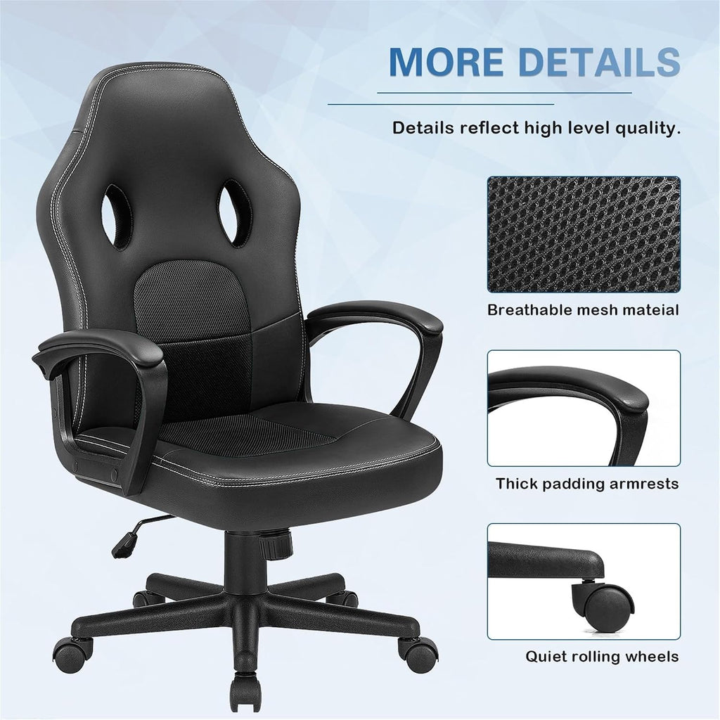 GUNJI Computer Chair PU Leather High Back Office Modern Racing Style Game Chair Adjustable Executive Ergonomic Desk with Padded Armrests and Lumbar Support (Black)