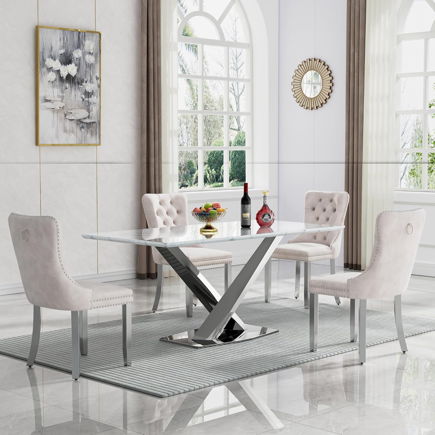 70" Faux Marble White Silver Dining Table for 6, Modern Dining Room Table with 0.71" Marble Printing MDF Top and Cross-Shaped Stainless Steel Base, Rectangular Large Kitchen Dinner Table