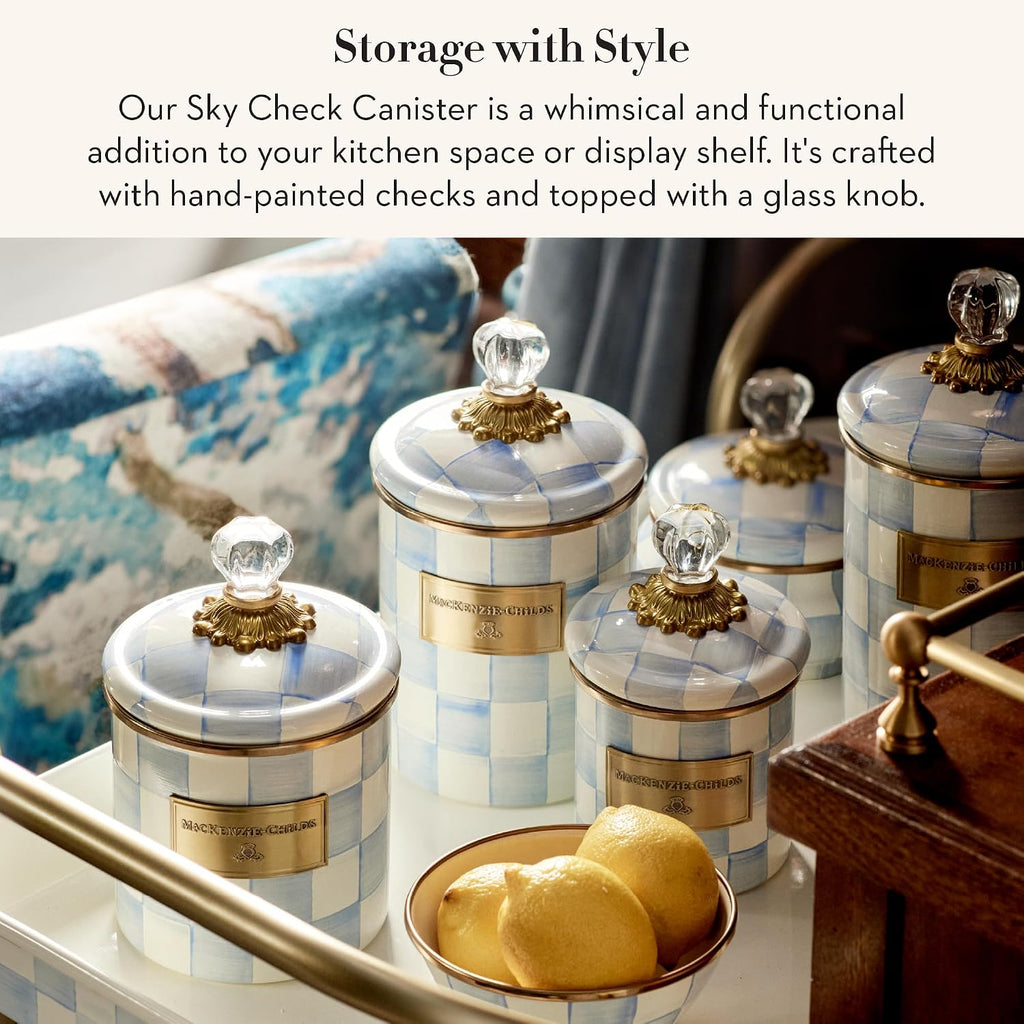 MACKENZIE-CHILDS Enamel Canister, Kitchen Storage Container with Lid, Mini, 14-Ounce Capacity, Light-Blue-and-White Sky Check