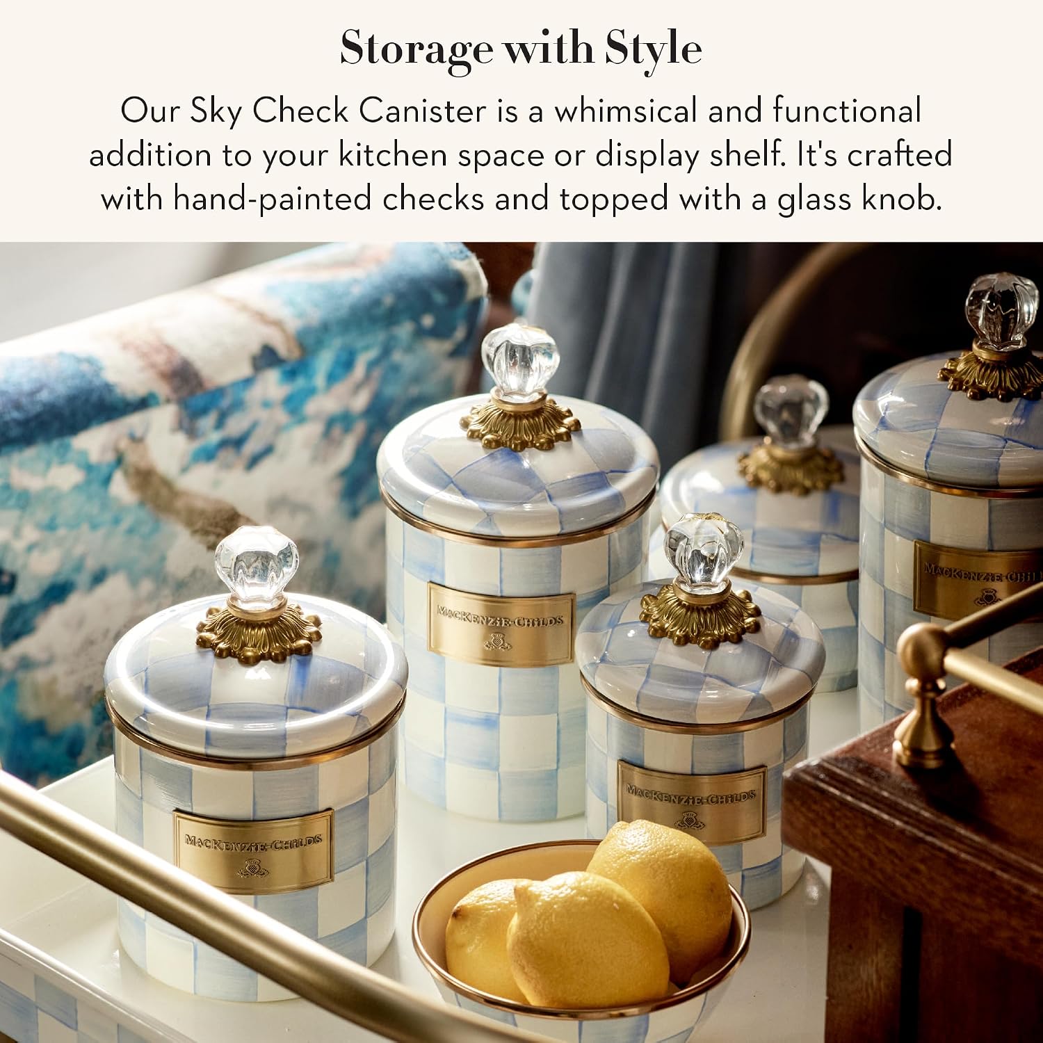 MACKENZIE-CHILDS Enamel Canister, Kitchen Storage Container with Lid, Mini, 14-Ounce Capacity, Light-Blue-and-White Sky Check