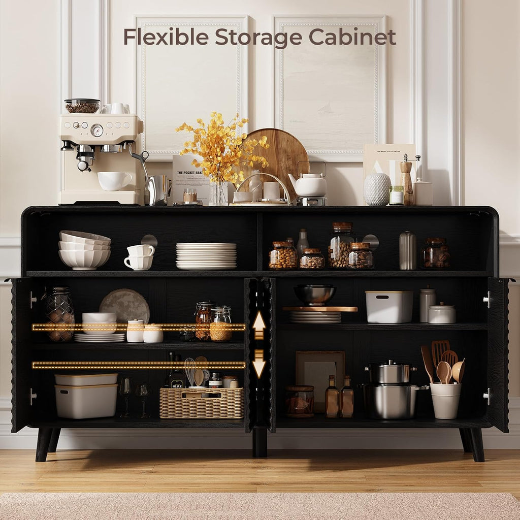 61" Sideboard Buffet Cabinet with Open Storage & 4 Doors, Large Coffee Bar Cabinet with Adjustable Shelves, Mid Century Modern Fluted Buffet Cabinet for Kitchen, Living Room, Black