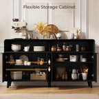 61" Sideboard Buffet Cabinet with Open Storage & 4 Doors, Large Coffee Bar Cabinet with Adjustable Shelves, Mid Century Modern Fluted Buffet Cabinet for Kitchen, Living Room, Black