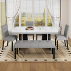 P PURLOVE Modern 6 Piece Dining Table Set, 63" Wood Faux Marble Dining Table with Geometric Legs, 4 Upholstered Chairs, 1 Bench for Dining Kitchen Room (White and Gray)