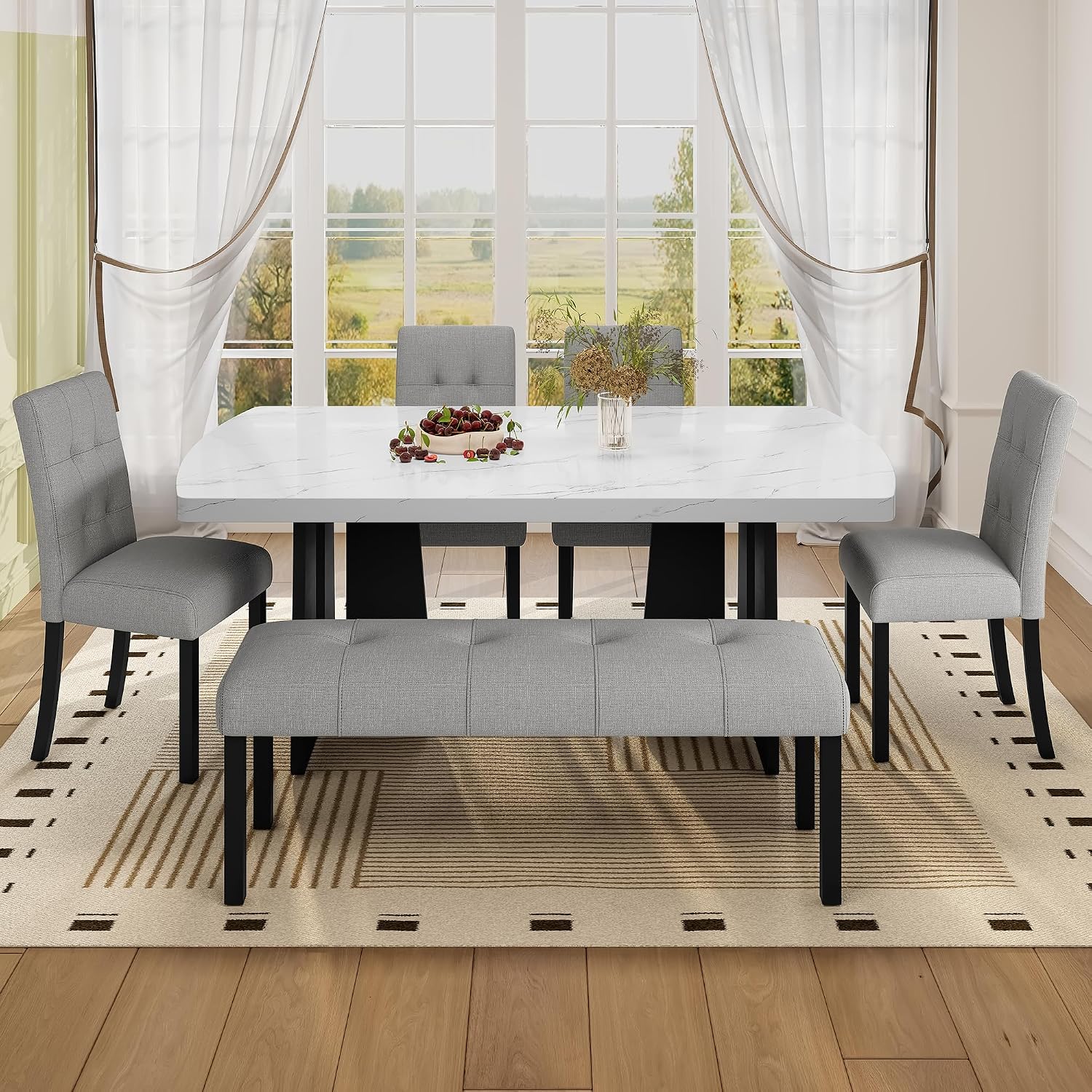 P PURLOVE Modern 6 Piece Dining Table Set, 63" Wood Faux Marble Dining Table with Geometric Legs, 4 Upholstered Chairs, 1 Bench for Dining Kitchen Room (White and Gray)