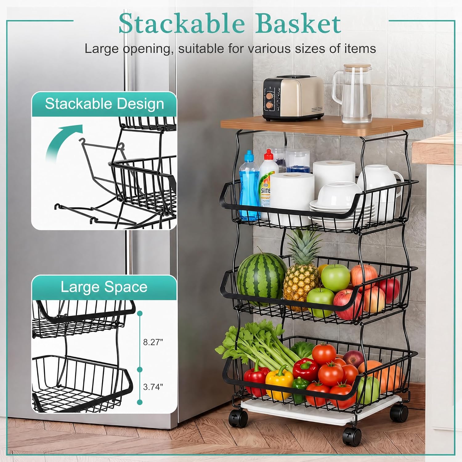 VECELO 4-Tier Fruit Basket with Wheels, Fruit and Vegetable Storage Cart for Kithchen, Stackable Produce Organizer Wire Baskets for Kitchen, Pantry, Living Room